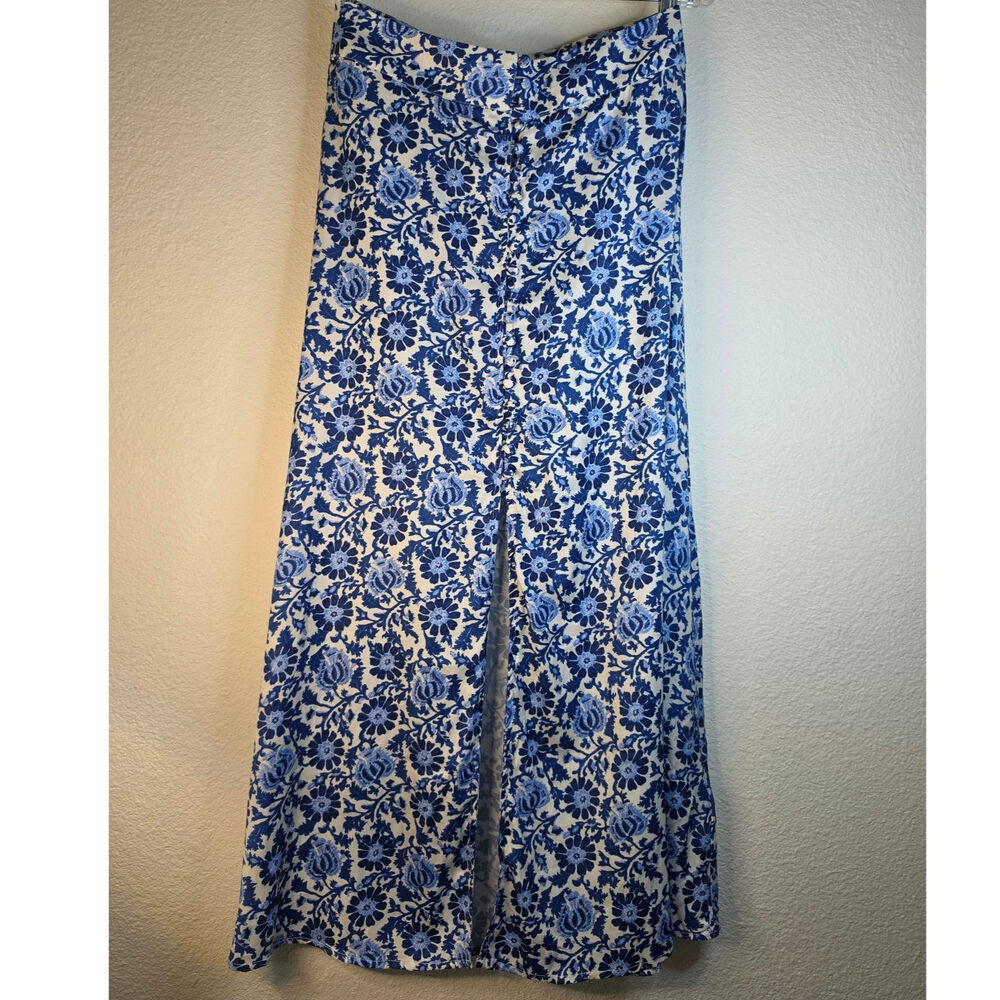 Free People Silky Blue and White Floral Maxi Skirt Button High Front Center Slit